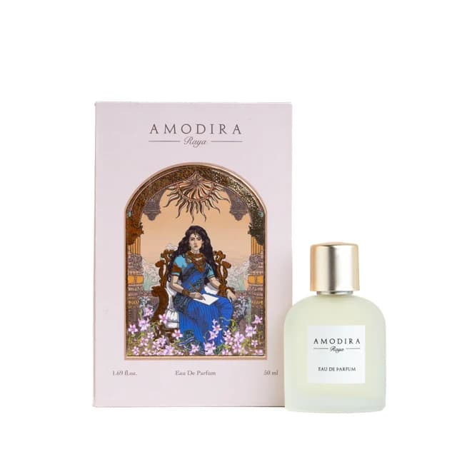 Raya perfume with its illustrated packaging.