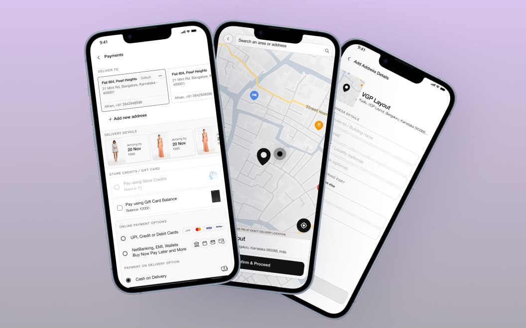 VIRGIO in-house checkout: payment, map address pin, and add-address screens